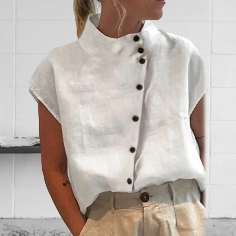 Элегантная рубашка из хлопка и льна с воротником-стойкой тонкая летняя