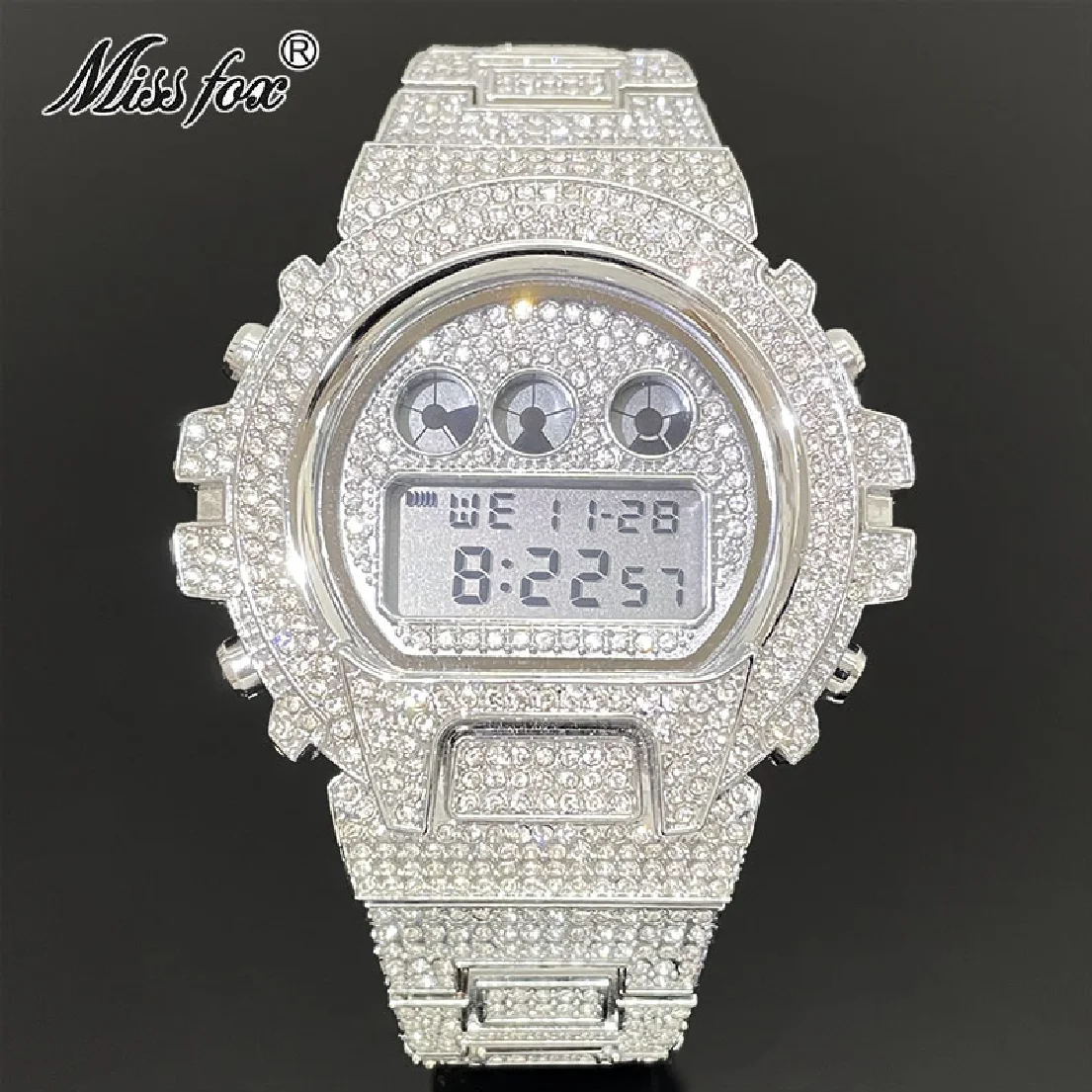 

Luxury Electronics Watch For Men Fashion Brand New Full Moissanite Digital Clock Stianless Steel Chron Wristwatch Free Shipping