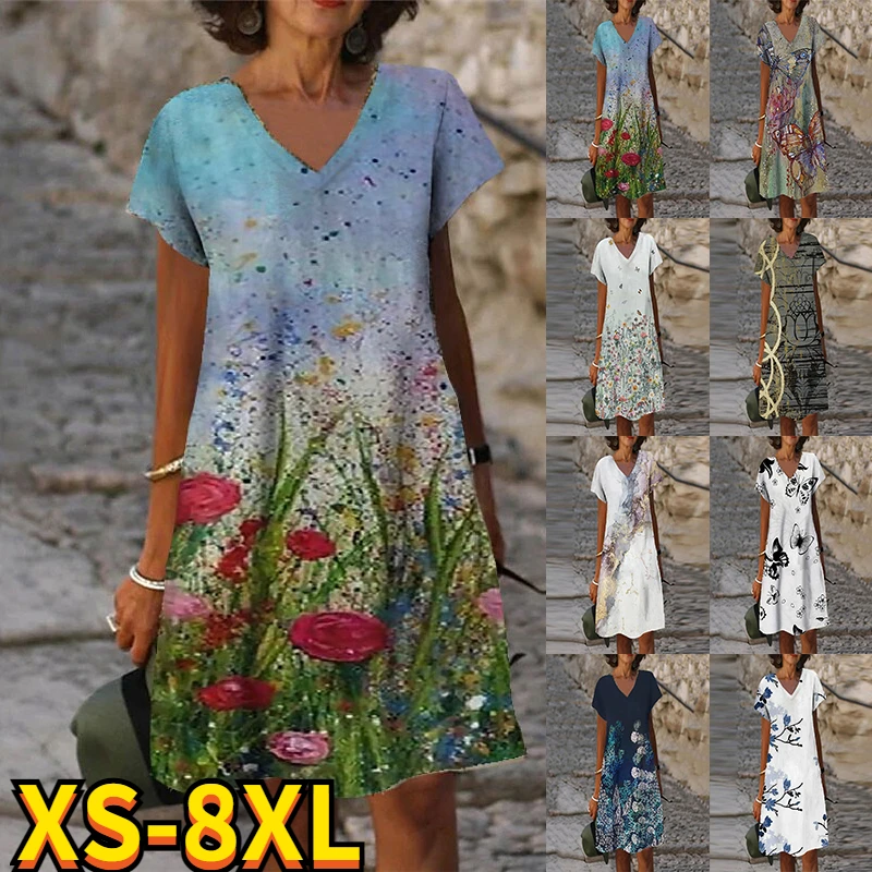 

2022 Summer Women's Floral Theme Printed Painting Dress Knee Length V Neck Female Casual Dress Fashionable Design Plus Size New