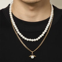 personality trend men wings pearl pendant necklace creative fashion mens pearl chain double layer necklace gift jewelry