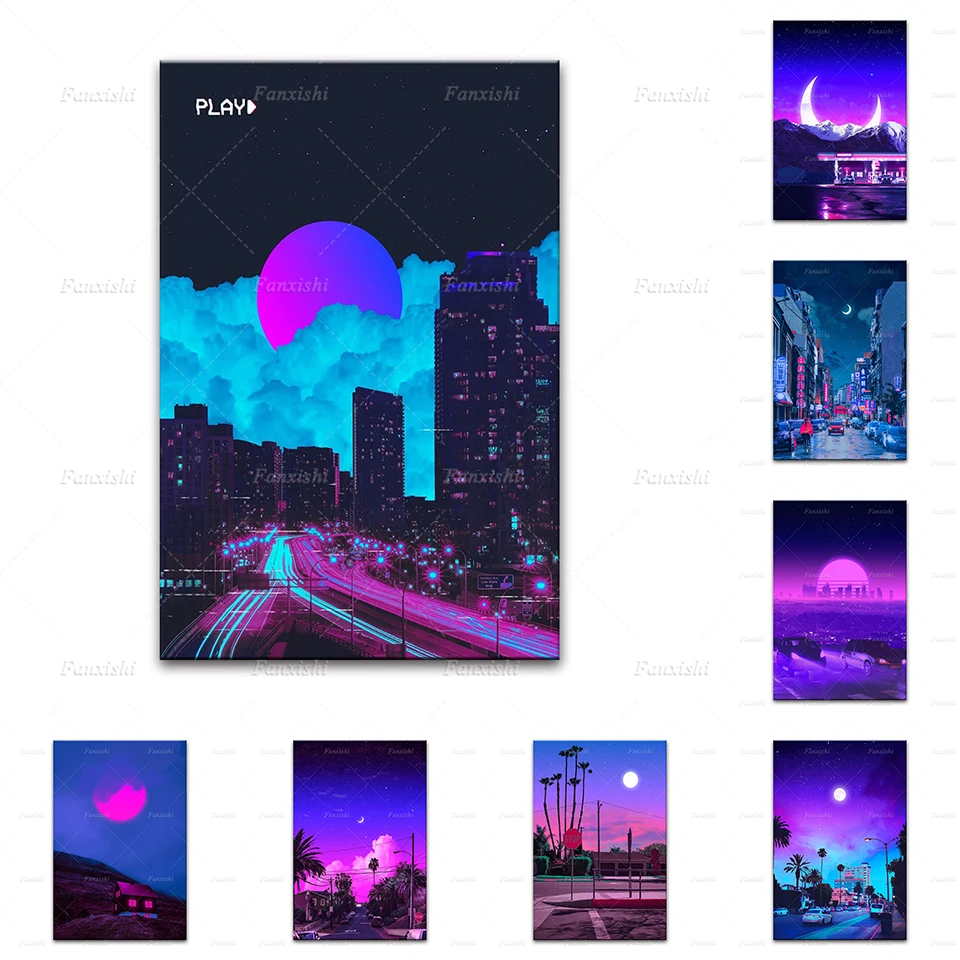 

Canvas Painting Home Decor Nordic Wall Art Neon Night Landscape Picture Modular Prints Modern No Frame Poster For Living Room