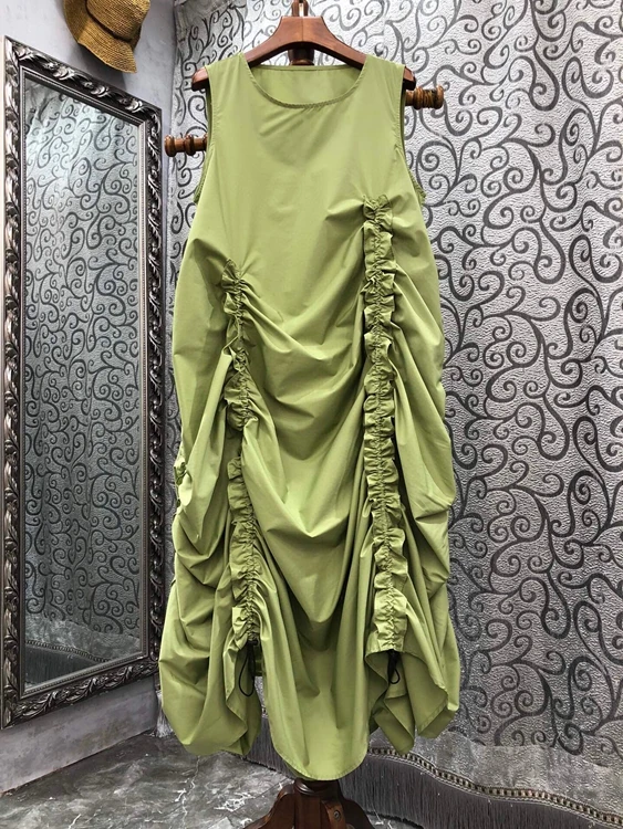 

2022 new women fashion drawstring pleated loose tank top skirt maxi dress 069