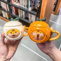 440ml creative cute animal tiger ceramic water cup 3d relief fun design mug with lid spoon home breakfast coffee milk cup
