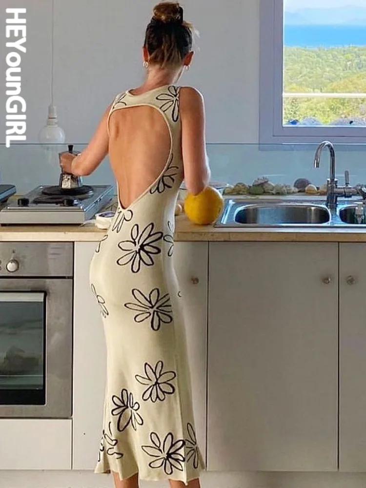 

Женское трикотажное платье HEYounGIRL, с цветочным принтом, открытой спиной, с разрезом сбоку