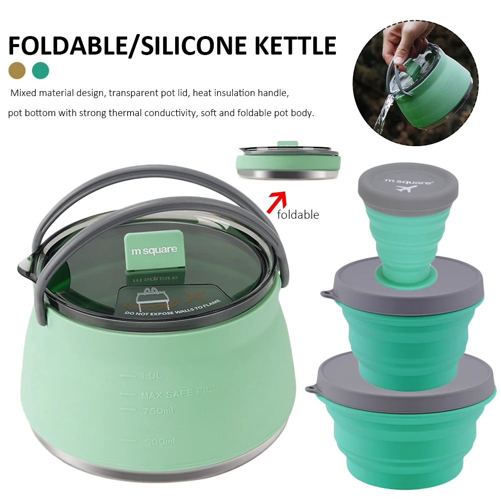 

1000ML Outdoor Silicone Folding Kettle Portable Camping Boiling Water Pot with Handle Tea Coffee Cooker for Camping Travel Tool
