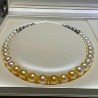 huge charming 1810 13mm natural south sea genuine black white golden round pearl necklace free shipping women jewelry necklace