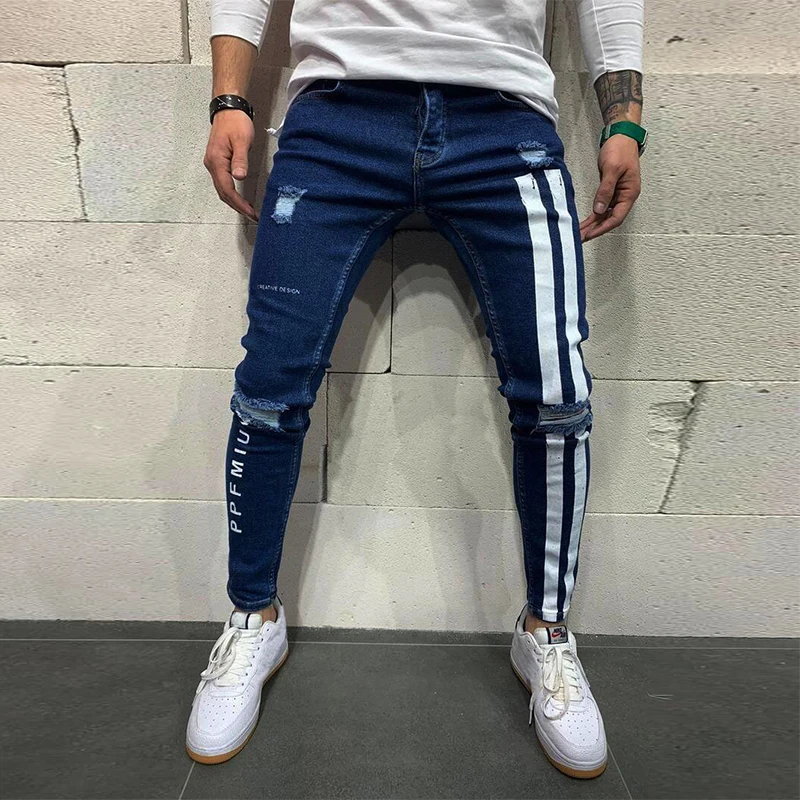 Punk Style Men's Skinny Jeans Trousers Ripped Reflective Stripe Stretch Men's Pants High Quality Everyday Casual Sports Jean