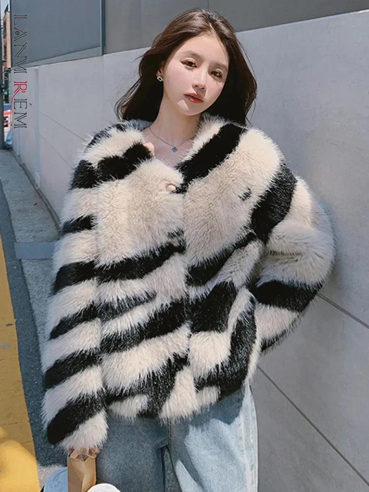

LANMREM контрастный цвет в полоску куртки из искусственного меха женские свободные однобортные пальто уличная одежда 2023 зимняя новая одежда 2AA3305