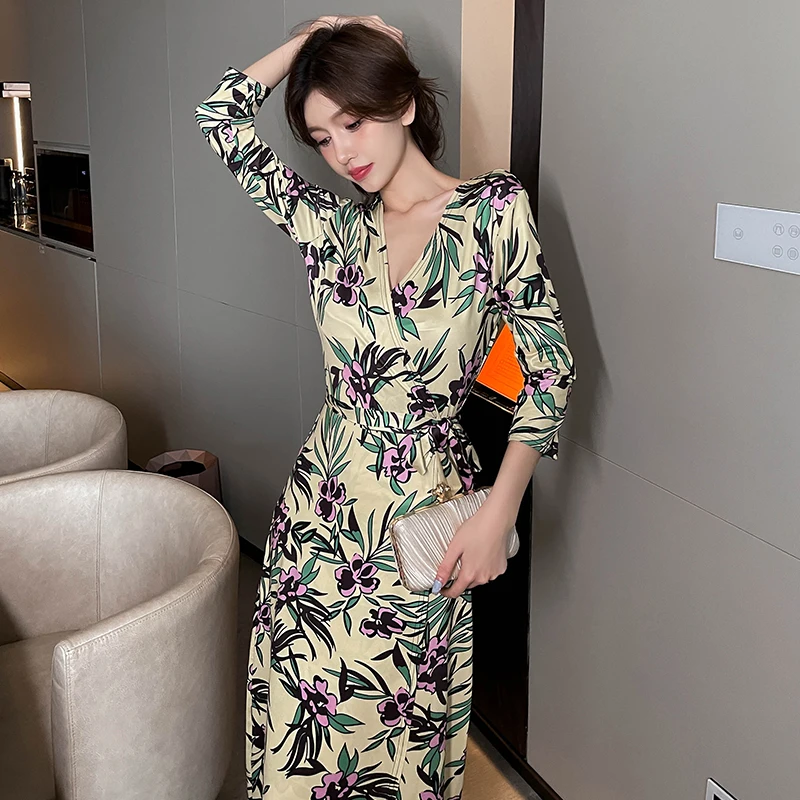 

Sexy Beach Skirt 2023 Summer Print V-Neck Slim Fit Wrap Dress One Piece Women's Long Dress Streetwear Robe Maxi Evening Dresses