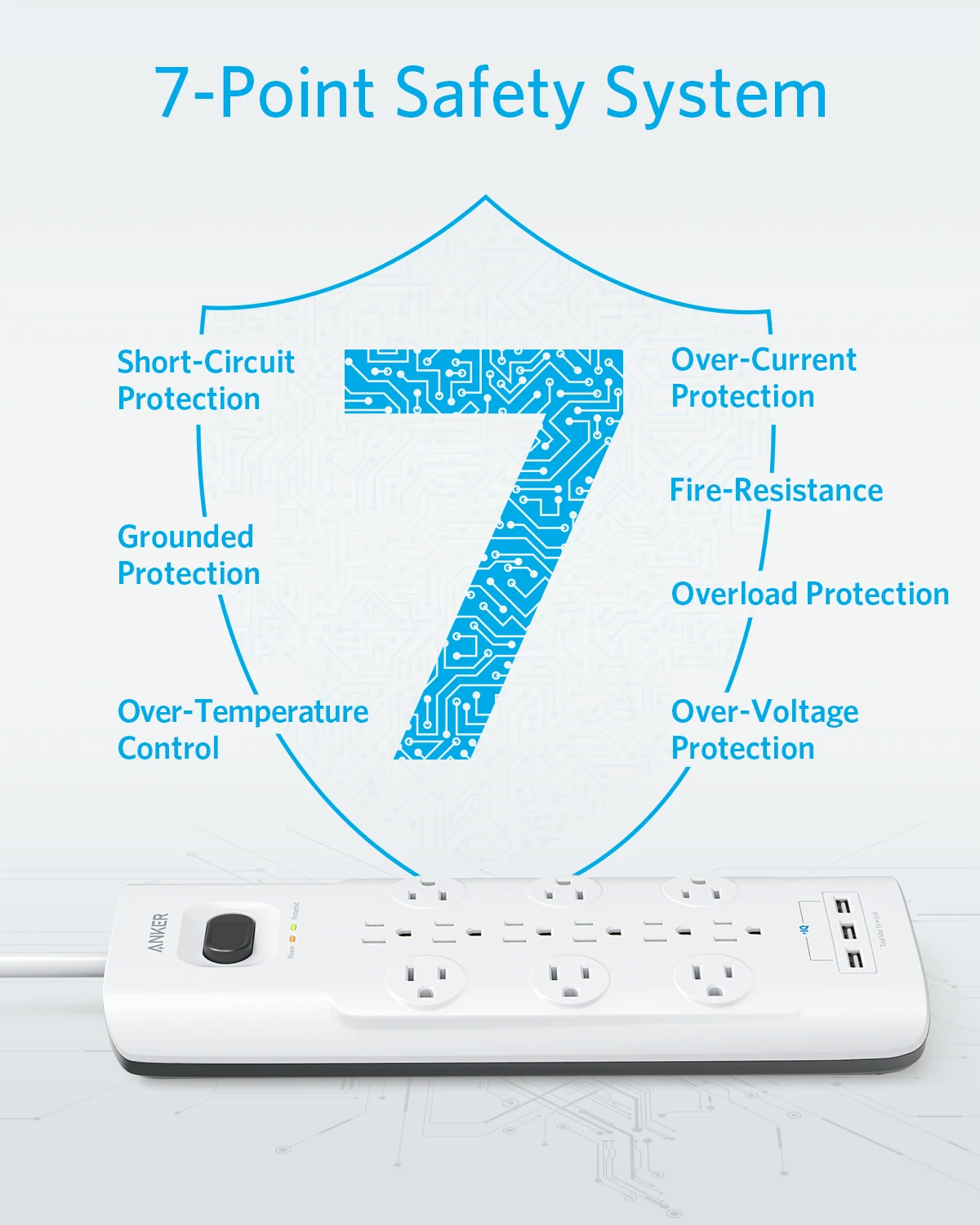 Сетевой фильтр Anker с защитой от перенапряжения 12 розеток и 3 USB-порта плоской