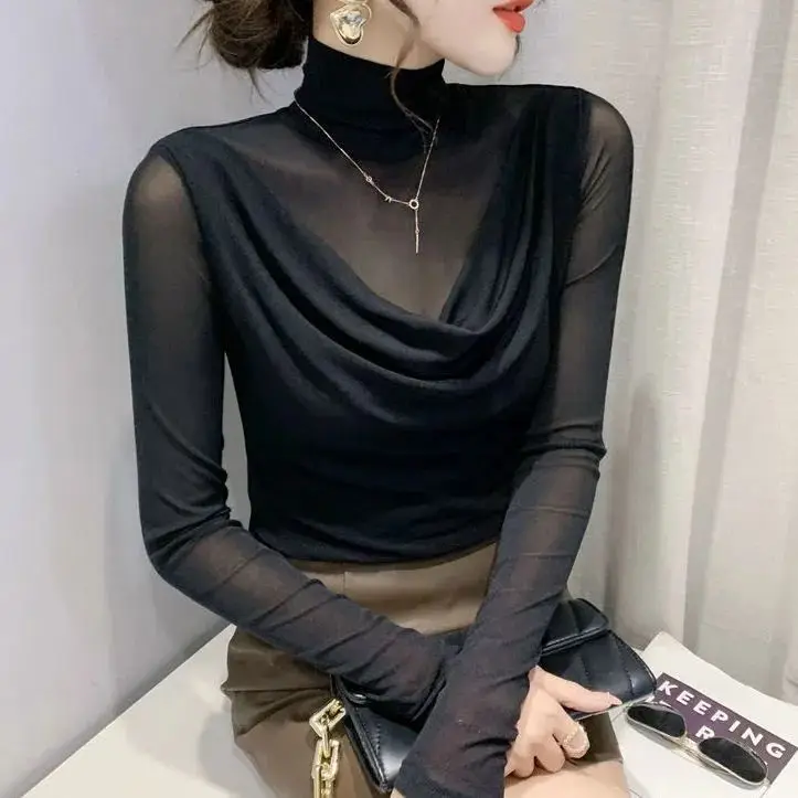 

French Niche Chic Top Spring Autumn New Solid Color Mesh Tshirt Fashion Long Sleeved Bottoming Shirt S-4XL