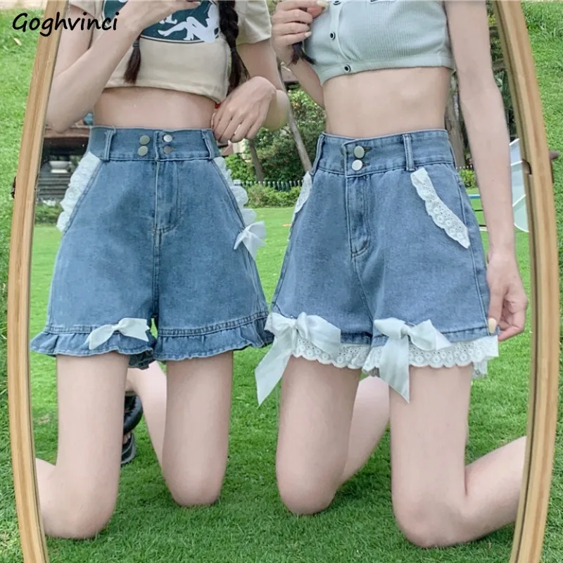 

Denim Shorts Women Lace Design Sweet Bow Cute High Waist Leisure Lovely Tender Friends Шорты Женский Summer Loose Simple Chic