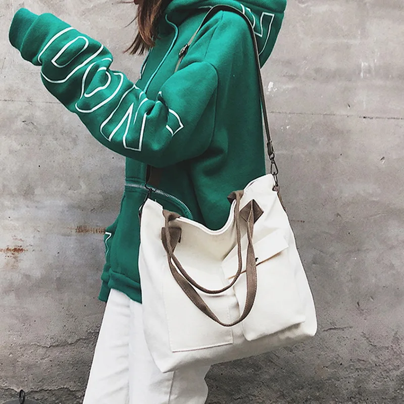 

New Fahsion Canvas Messenger Bags Solid Color Retro Tote Bags Women Casual Large Capacity Handbag Female Crossbody Shoulder Bags