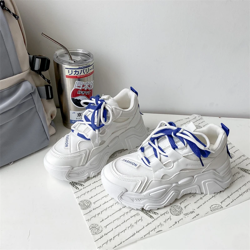 

BKQU Women 2022 New Early Autumn Mesh Breathable Two-color Shoelaces Thick Bottom Increased All-match Comfortable Casual Shoes