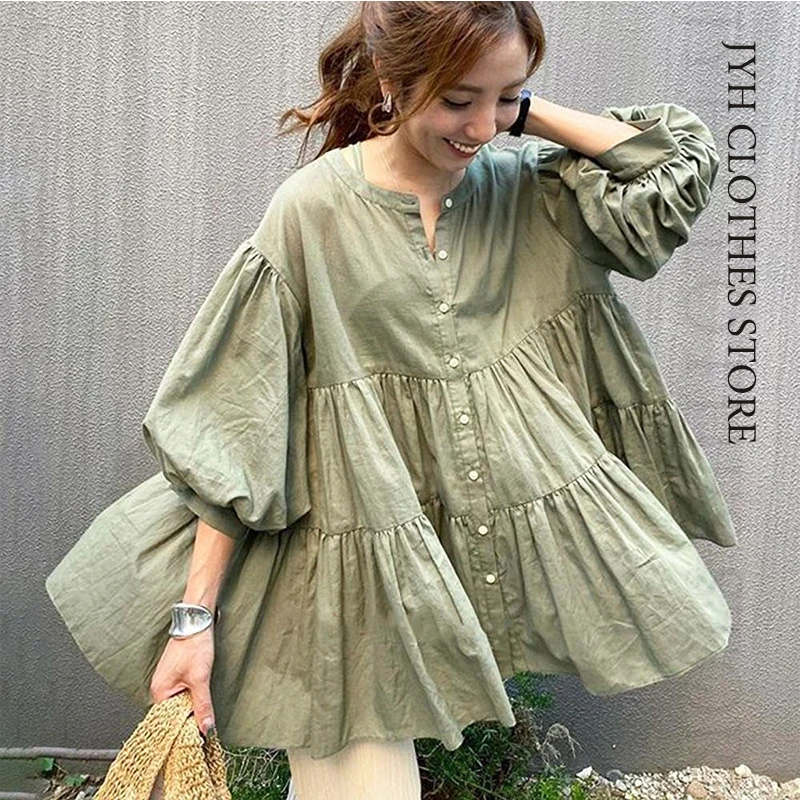 

Женская Длинная блузка на пуговицах в корейском и японском стиле с пышными рукавами