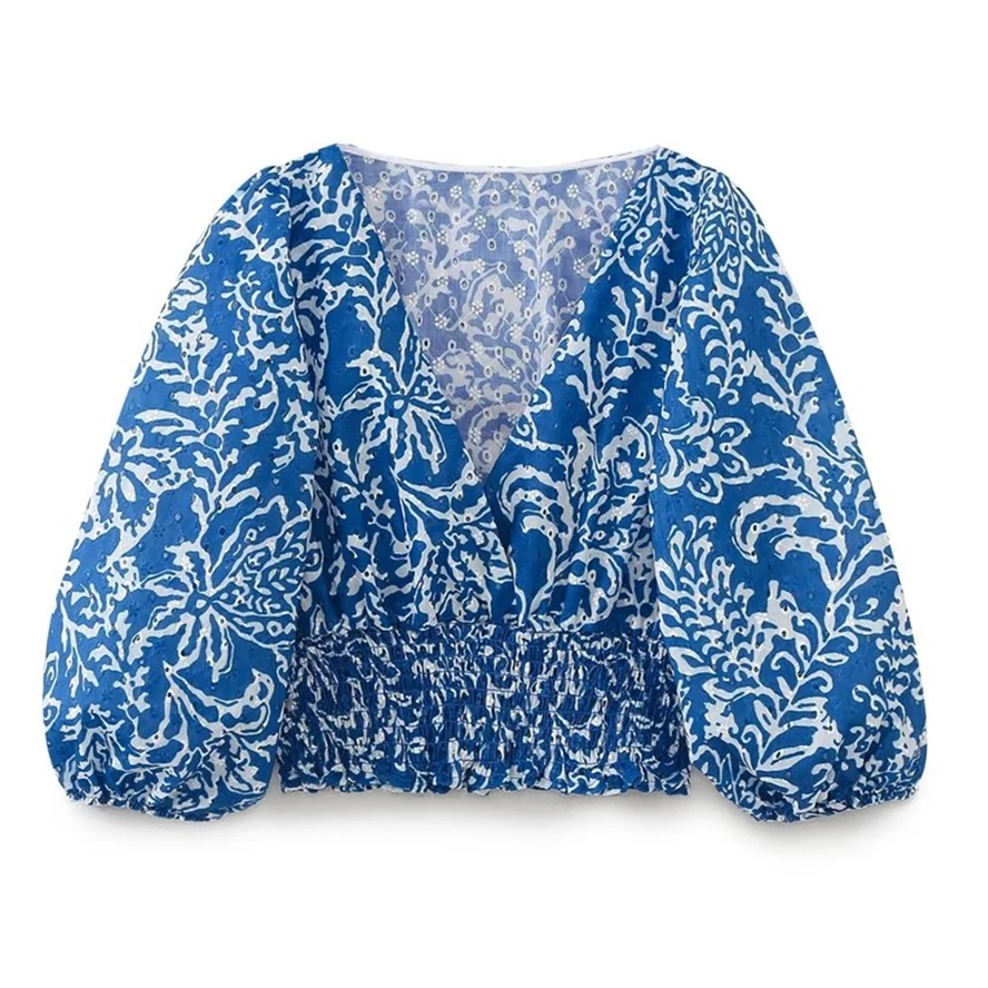 

Elmsk French Retro Holiday Style Blue Flower Embroidery Hollow Fashion Shirt Tops Female Blouse