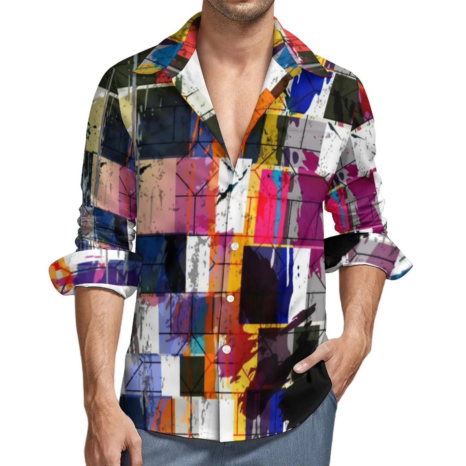 

Rainbow Casual Shirts Mens Colorful Aesthetic Art Shirt Long Sleeve Fashion Y2K Blouses Spring Custom Clothing Plus Size 3XL 4XL