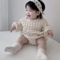 2022 new baby cute puff sleeve clothes set solid infant girl long sleeve tops pp pants 2pcs suit autumn baby loose outfits