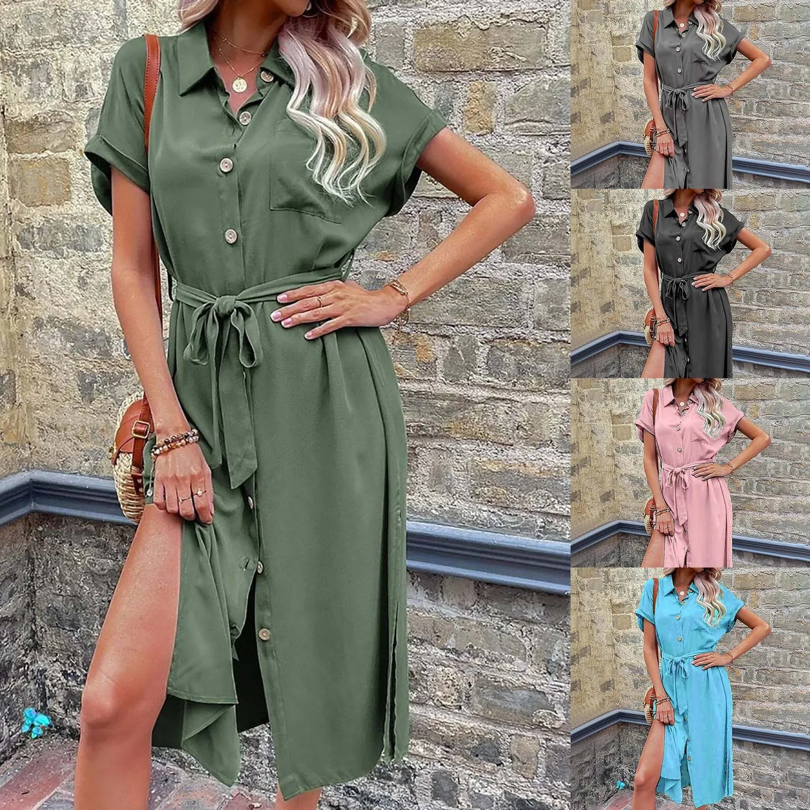 

Dress For Women Casual V Neck Solid Color Short Sleeve Botton Dress Casual Dress Christmas Dresses for Women