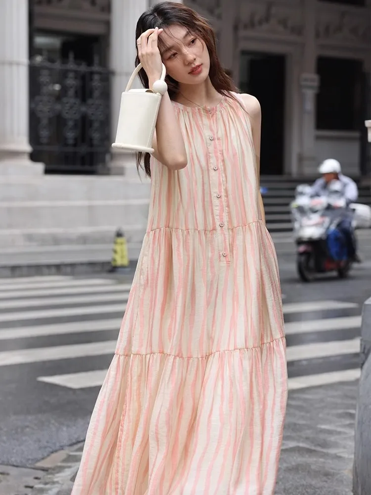 Женское летнее платье-жилет в розовую полоску приталенная длинная свободная