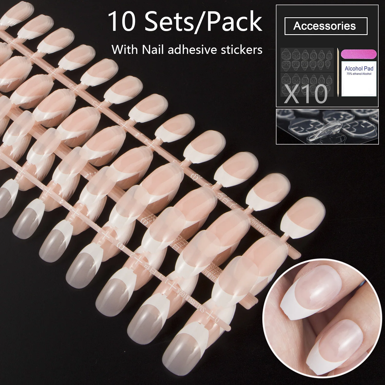 

10 Sets/Lot Nail Adhesive Stickers Included French Coffin Ballerina False Nail Tips Full Short Fake Nail DIY Kit Artifical Nails