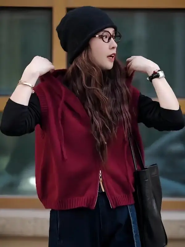 Дизайнерский вязаный жилет без рукавов с двойной молнией и капюшоном на осень