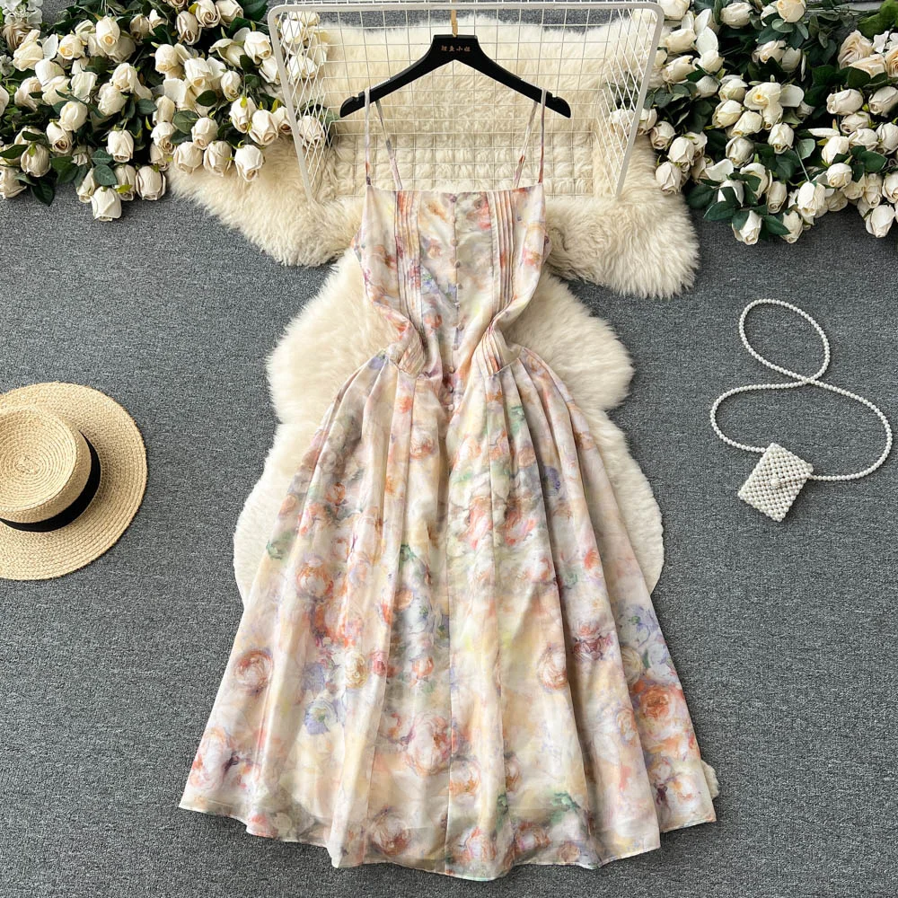 

Foamlina French Women Floral Print Holidays Dress Women Sexy Spaghetti Strap Sleeveless High Waist Slim A Line Long Party Dress