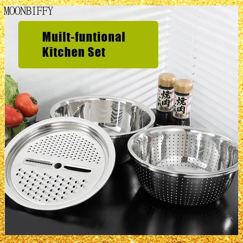 

3pcs stainless steel pot vegetable cutter slicer drain basket sieve Colanders Kitchen Tool grater strainer Rice Washing Filter