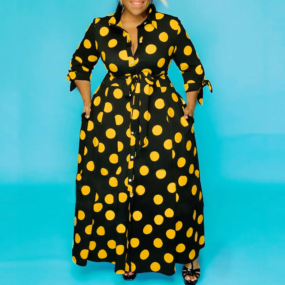 Plus Size Large Women's Dress New Ins Net Red Large Shirt Long Sleeve Dot Print Dress Loose Lace-up Casual Female Clothes