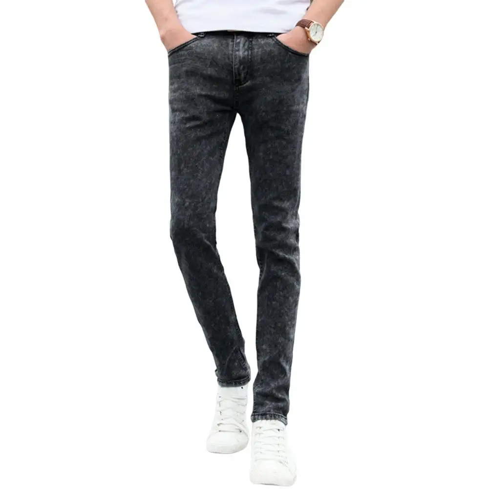 Simple Denim Trousers Pockets Ankle Length Slim Fit Pencil Denim Trousers  Skin-Touch Men Jeans Streetwear