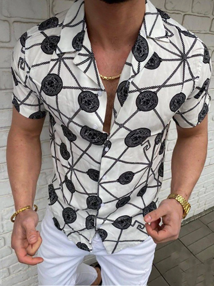 

Casual Printing Short Sleeve Seaside Tops 2022 Summer Fashion Slim Shirts Men Turn-down Collar Buttoned Shirt Men's Streetwear
