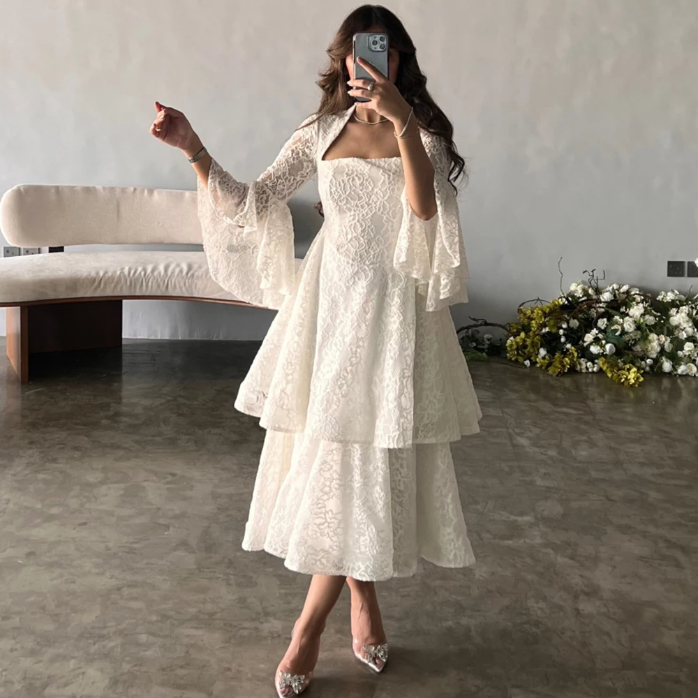 

Simple White A-Line Square Lace Ruffle Formal Occasion Prom Dresses Ankle-length Women Evening Party Dress فساتين السهرة