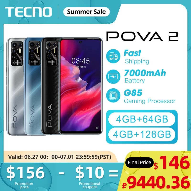  Tecno Pova 2 4 + 64 ГБ/4 Гб + 128 Гб Helio G85 аккумулятор 7000 мАч флэш-зарядка 18 Вт сотовый телефон NFC 