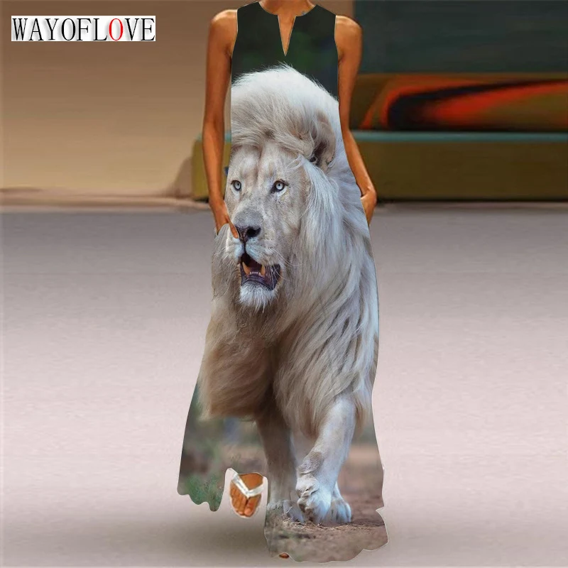 

WAYOFLOVE Ladies Spring Summer Long Dress Sleeveless V-neck Loose Lion Print Elegant Dresses Party Casual Beach Maxi Dress Women