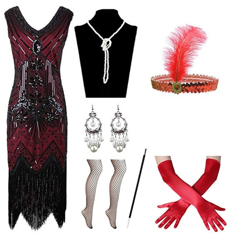 

M2EA Vintage 20's Gatsby Sequin Fringed Paisley Flapper Dance Dress with Jewelry Accessories Set Sequin Beaded Tassels Dress