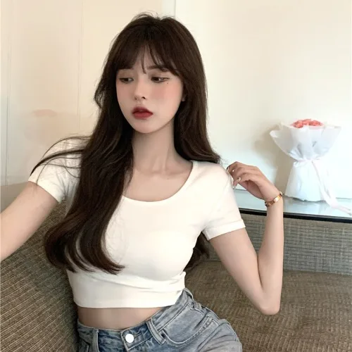

T-shirt Women's Summer Ins Trendy White Slim-fit Short Navel-exposed Pure Style Sweet And Spicy Slim-fit Short-sleeved Top 2023