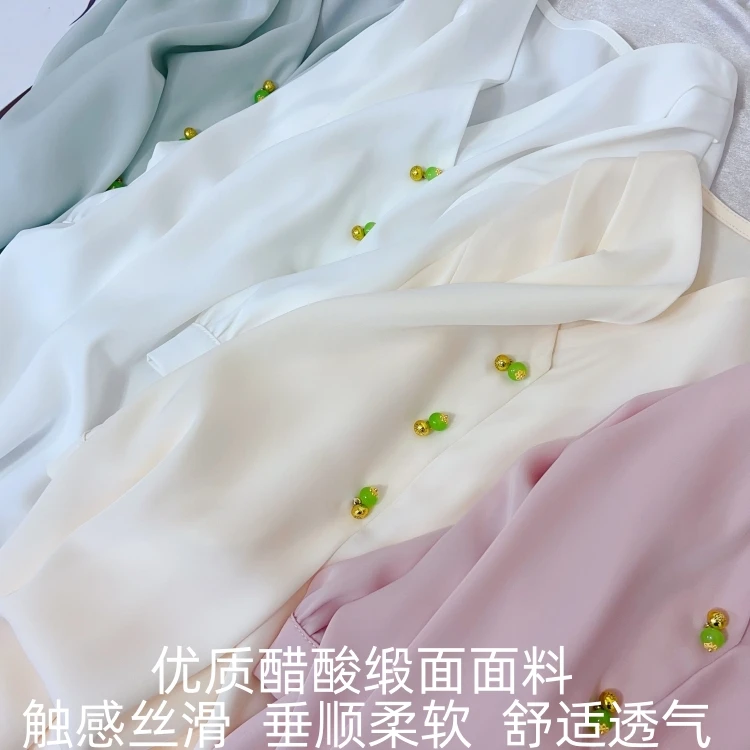 French sle Pearl Buckle V-neck Acetate Satin Short sleeve Shirts Women Summer New Elegant Silk Loose Shirt Top