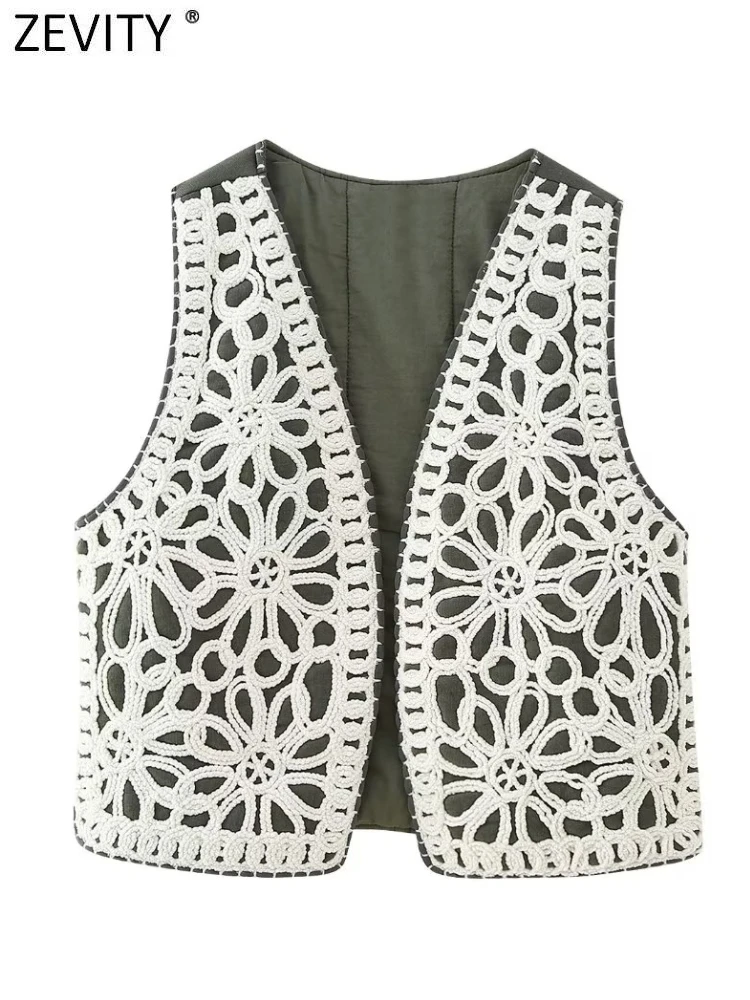 

Zevity 2023 Women Fashion V Neck Sleeveless Lace Crochet Cotton Vest Jacket Lady Embroidery Open Stitch WaistCoat Tops CT5195