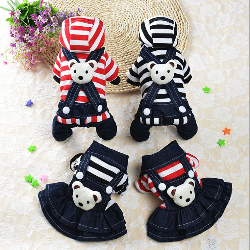 Pet Clothes Autumn Winter Medium Small Dog Denim Dress Fashion Jumpsuit Striped Hoodie Kitten Puppy Cute Princess Skirt Poodle