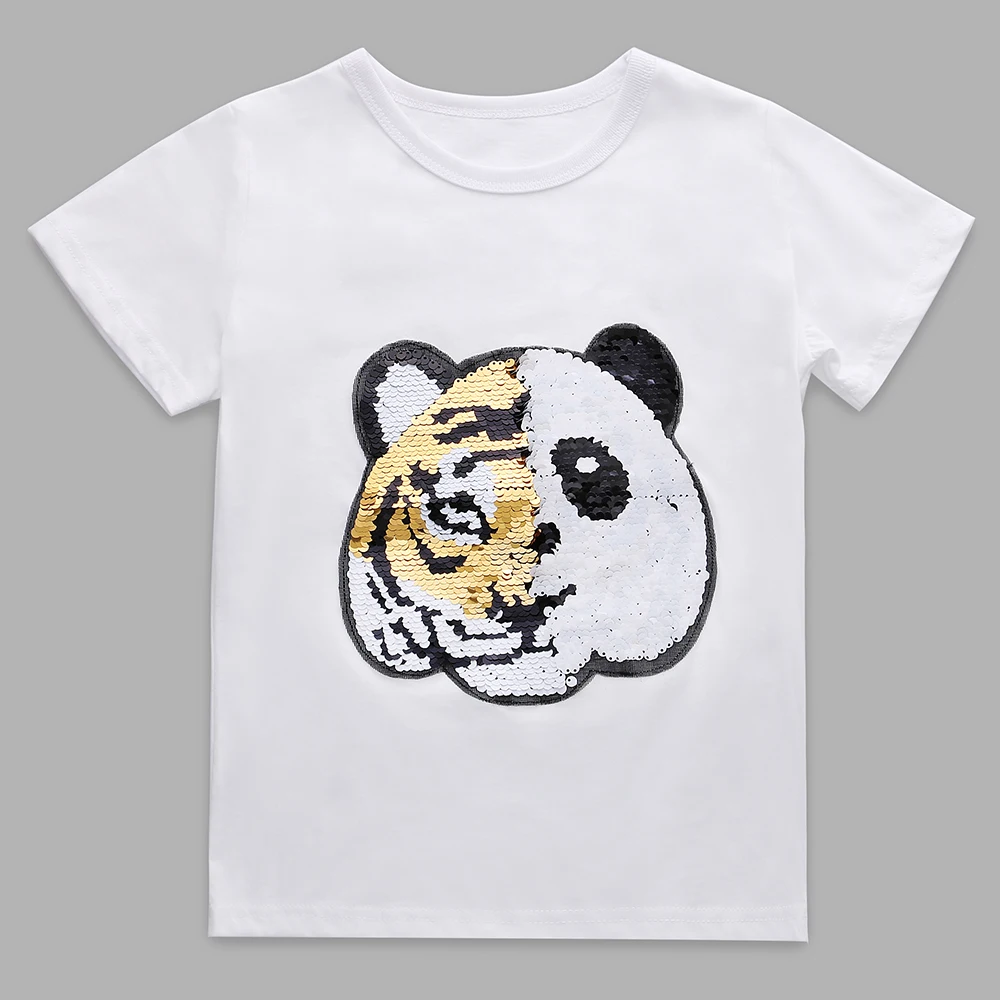 Color Change Tiger to Panda Sequin T-shirts for Boys Summer Cotton Fashion O-neck Short Sleeve Tops Kids Funny Children Clothes
