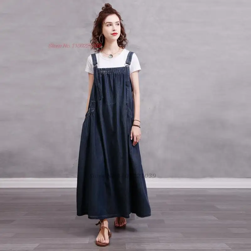 2023 chinese vintage long denim dress national adjustable straps sundress loose dress oriental sleeveless strap dress streetwear