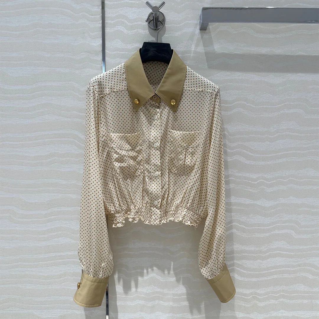 Женская шелковая рубашка в горошек милая блузка составного кроя с отложным