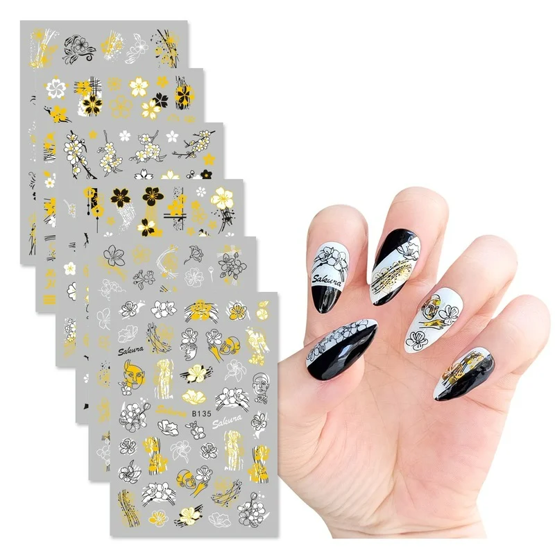 3D Nail Stickers Flowers Grass Leaves English Stickers Black And White line Art Back Glue Nail Stickers For Nails Tips
