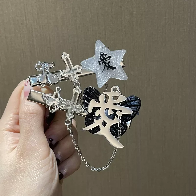 

Женская заколка для волос в стиле Харадзюку, Готическая заколка для волос с крестом-вишней, бабочкой, надписью «Love» и кисточкой, аксессуары ...