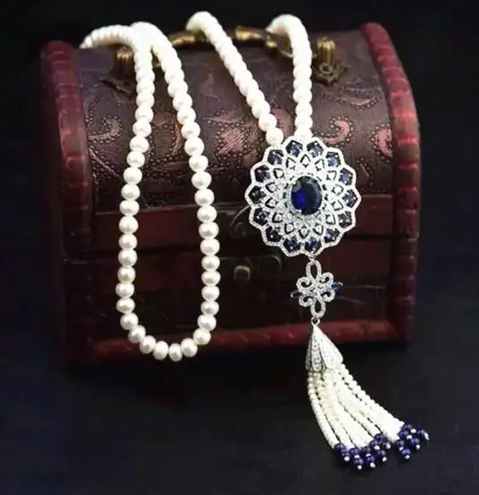 free shipping Long hair clothing chain sun flower tassel Pearl Blue Jade CZ Necklace Pendant 925 silver