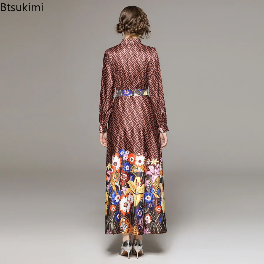 2023 Women's Muslim Abaya Long Dress Fashion and Temperament Long Sleeve High  Waist Printing Dress with Lace Up Belt Vestidos