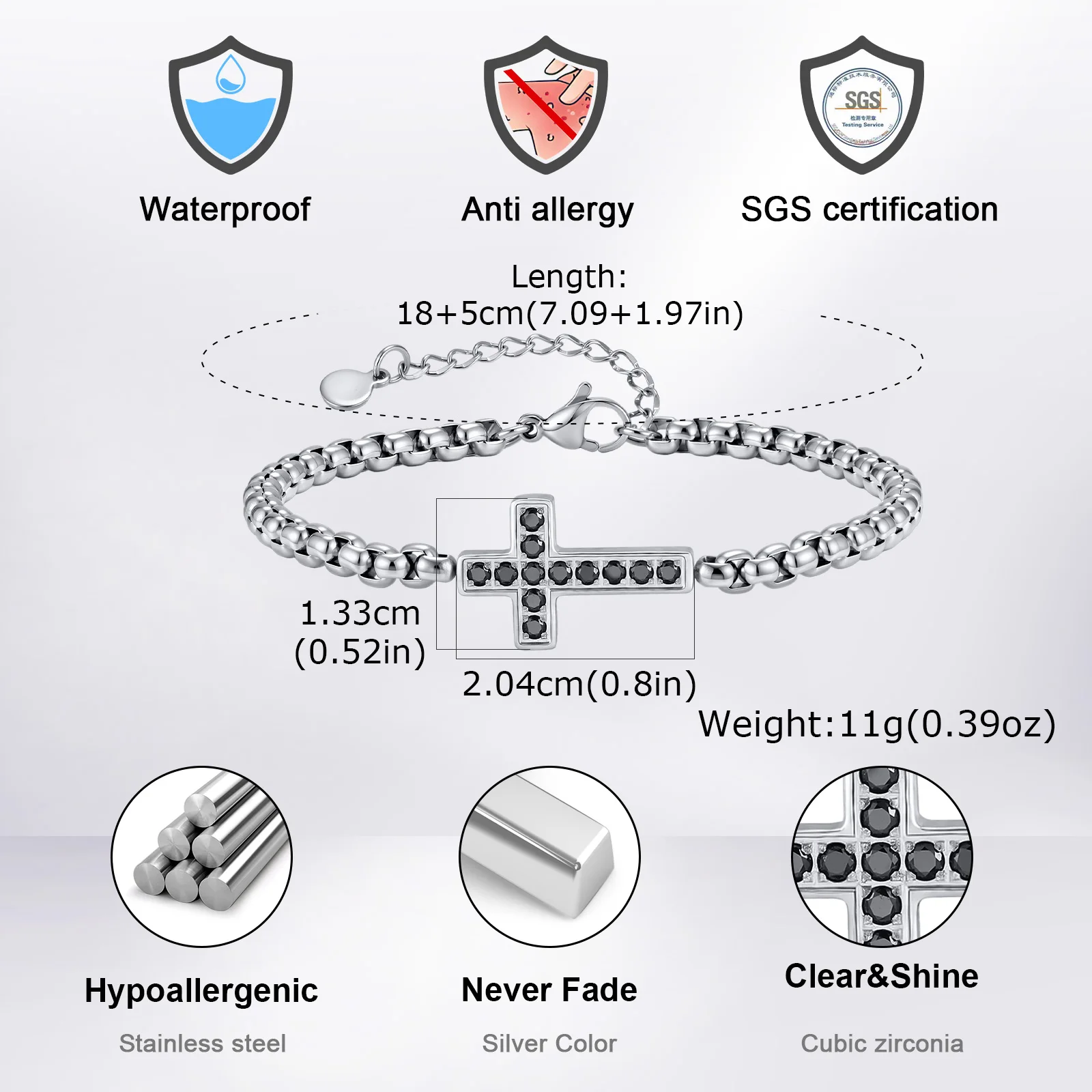 Фото Браслеты Vnox из нержавеющей стали с крестом для мужчин и женщин, черный браслет-цепочка с кристаллами CZ, регулируемый, серебристого цвета, ювелирные изделия, подарки №3