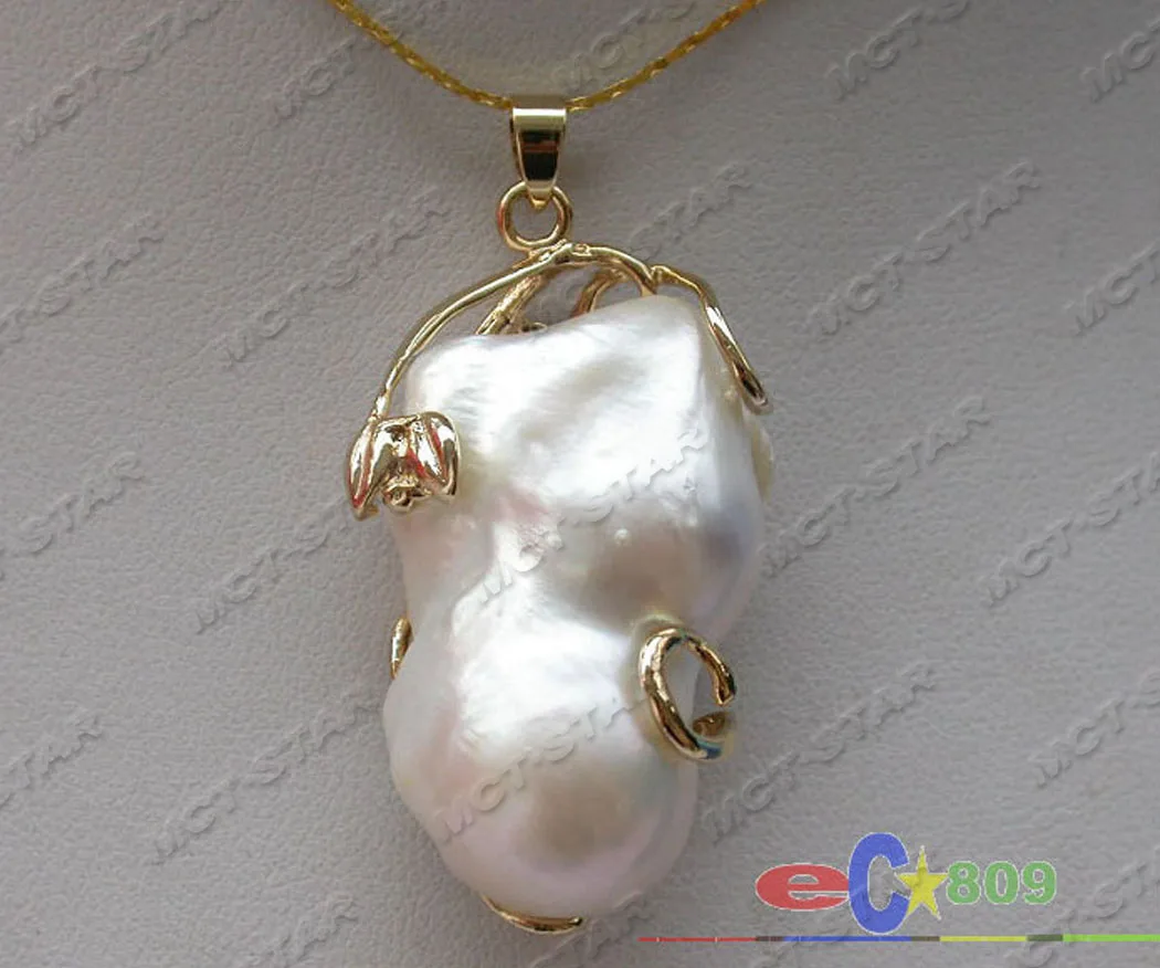 

p3064 Huge 23mmx32mm Baroque White Keshi Reborn Pearl Chain Pendant