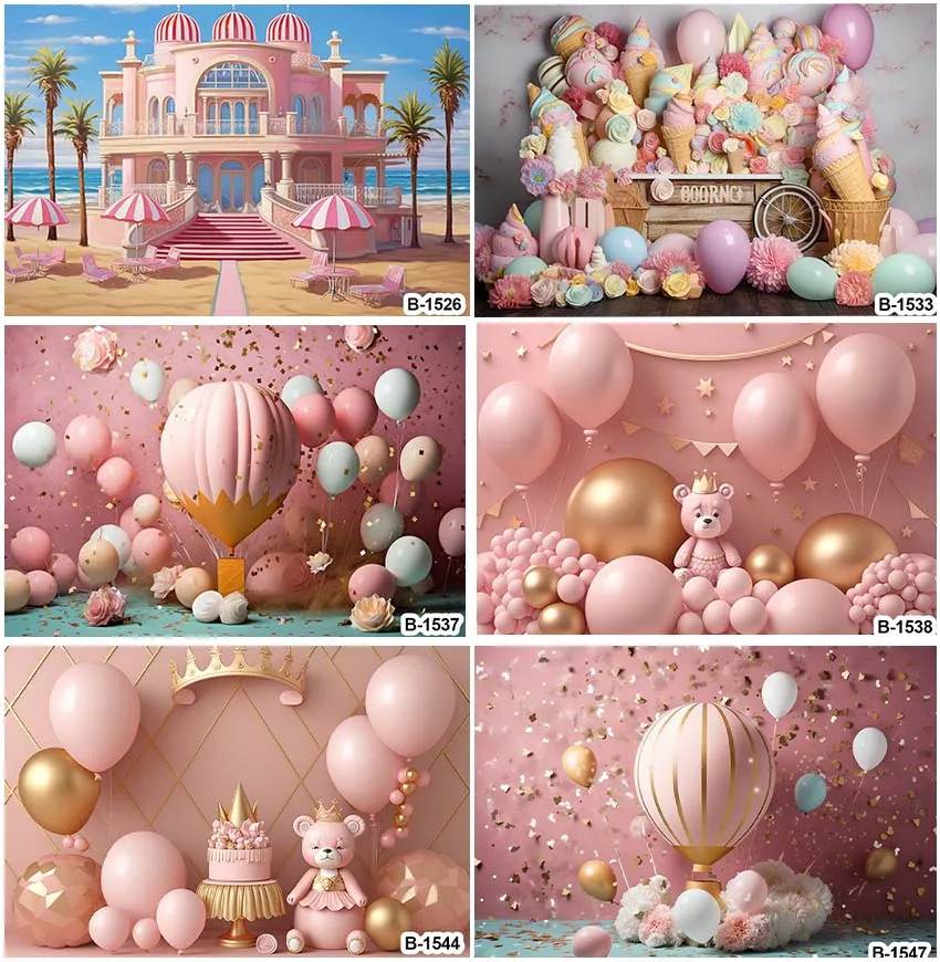 

Newborn Photo Backdrop Princess Girls House Interior Decor Balloons Pink Balloons Cake Smash Ice Cream Baby Portrait Backgrounds