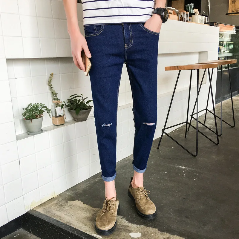 Korean Fashion Streetwear Men 2022 Black Blue white Jeans Hombre Slim Hip Hop Pants Ripped Jeans On The Knees Free Shipping